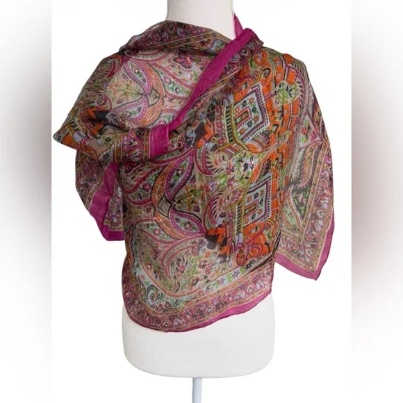 PASHTUSH 100% PURE SILK SCARF PAISLEY & ELEPHANT PRINT MULTICOLOR FUCCIA - Picture 3 of 7